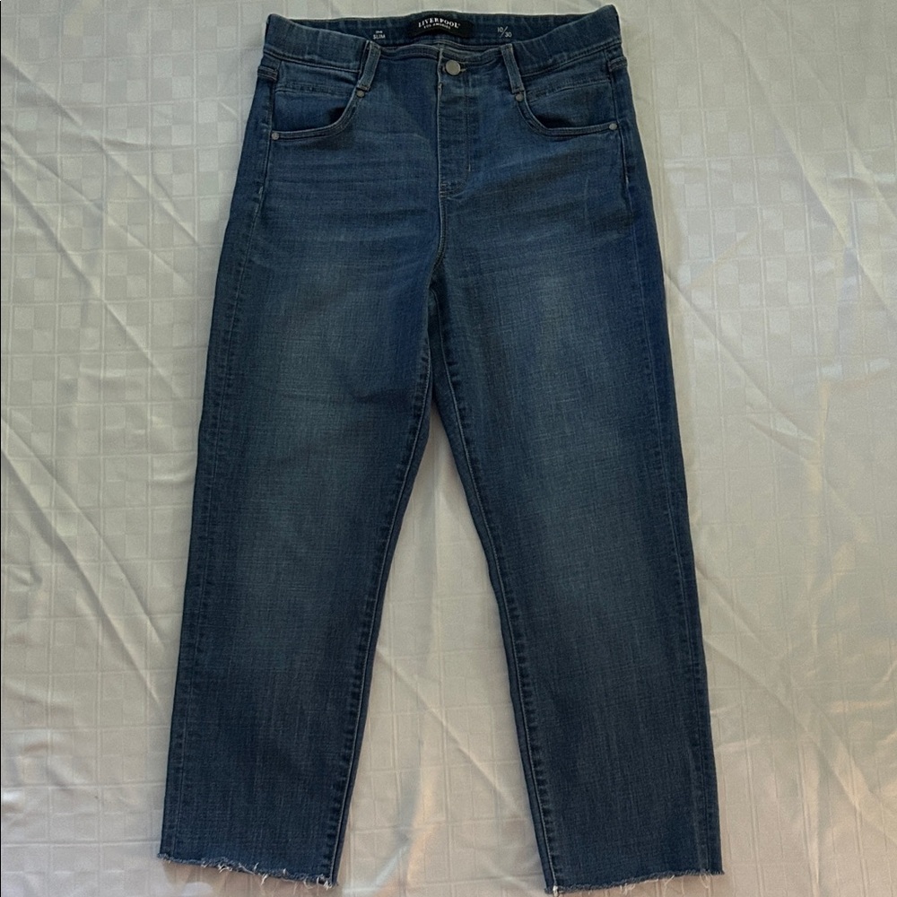Liverpool Dark Blue Ankle Jeans Slim Raw Hem Pull on waist Size 10/30